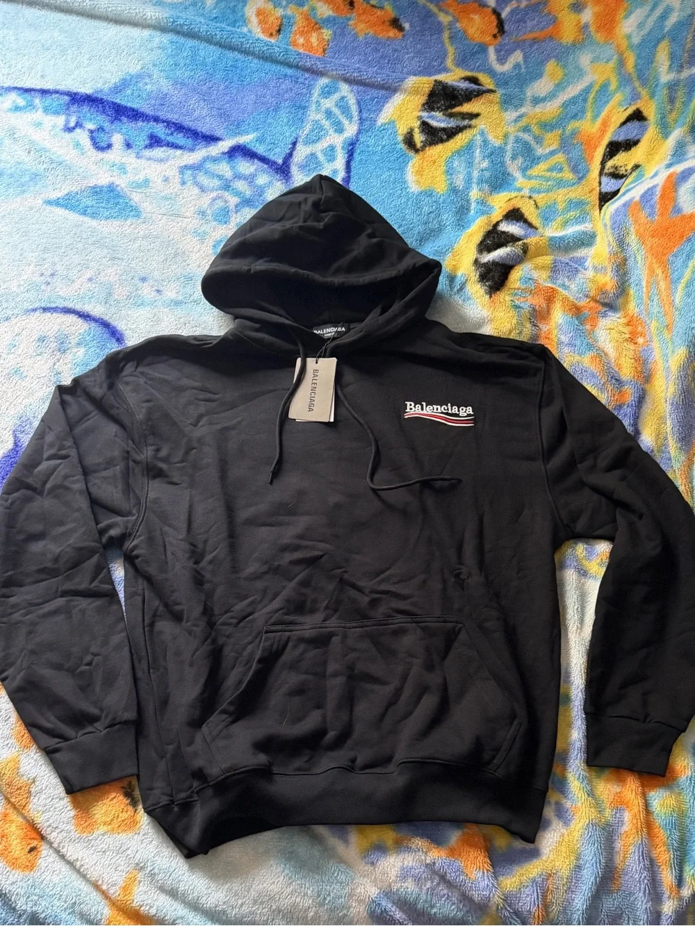Balenciaga Black Pullover Hoodie with Small White & Red Logo
